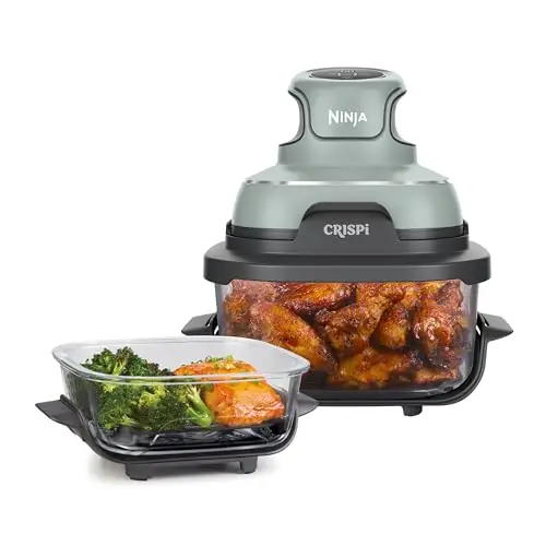 Ninja CRISPi Freidora de Aire portátil, 3,8 l, 4 en 1, freír con Aire, Asar, Mantener Caliente y gratinar, compacta, Incluye 2 recipientes de Vidrio extraíbles y Tapas
