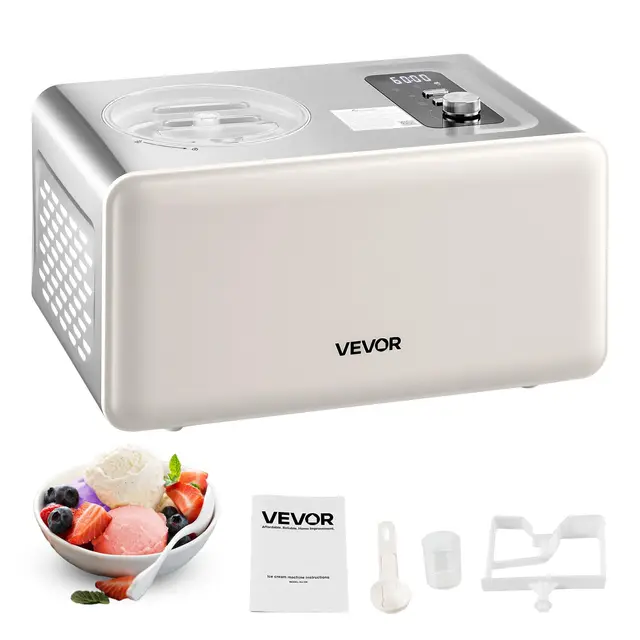 VEVOR Máquina Automática para Hacer Helados 2 L con Compresor Incorporado sin Precongelación Heladera Automática de 3 Modos 425 x 290 x 245 mm con Tapa Transparente para Cocina Doméstica, Blanco