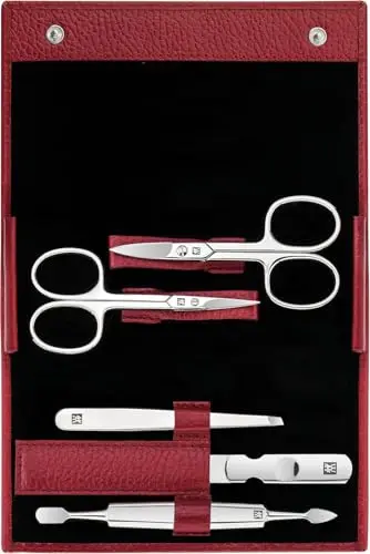 ZWILLING Set de manicura (5 piezas, cuidado de uñas y pedicura con estuche de piel auténtica con tijeras de uñas y tijeras para cutículas), acero inoxidable pulido, rojo