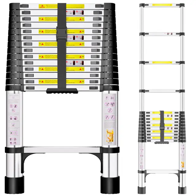 Escalera telescópica de Acero Inoxidable, 4,4m Escalera Plegable Portátil, Escalera Extensible con Patas Antideslizantes, Ideal para áticos, techos, autocaravanas, decoración y Mantenimiento