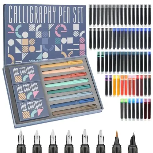 8 plumas estilográficas de caligrafía con diferentes plumines, 66 cartuchos de tinta (14 colores) - Escritura, dibujo, ejercicios de caligrafía para principiantes