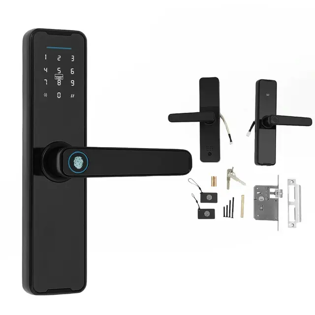 Cerradura de puerta inteligente, 5 en 1, cerradura electrónica inteligente con huella dactilar+código+tarjeta+llave+contraseña temporal, control TUYA APP, para puertas de 30-50 mm (negro)
