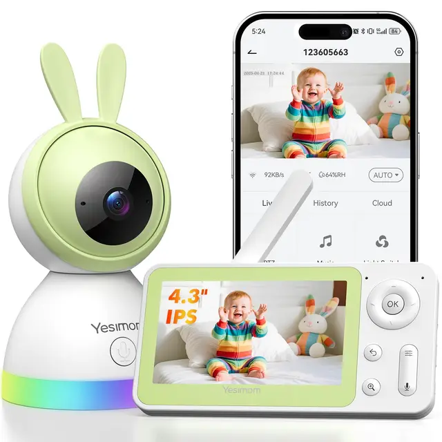 Camara Vigilancia Bebe Portátil 1080P con Pantalla 4.3" IPS: Luz Nocturna de Colores, Seguimiento Automático, Alarma de Área, App Remota y 360° PTZ - Ideal para Noche y Viajes (Color Verde)