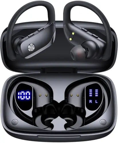 Auriculares Inalámbricos Bluetooth Sport con Ganchos, Earbuds In Ear 80H de Reproducción, Estuche con Doble Pantalla LED, Auriculares Deportivos con Micrófono, Cascos Running para Gimnasio y Correr