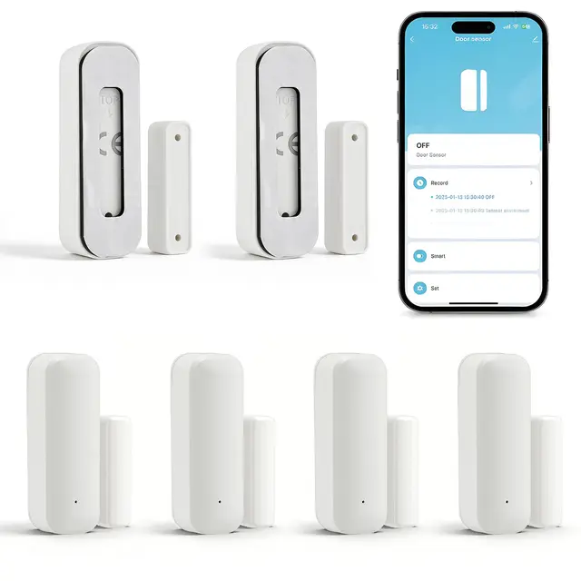 Sensor de puerta y ventana WiFi (paquete de 4) – Smart Home magnético con notificación de aplicación, compatible con Alexa/Google Assistant para mayor seguridad en casa, apartamento y garaje