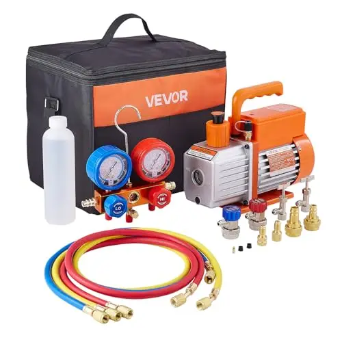VEVOR Bomba de Vacío y Manómetro de 115 L/min para Aire Acondicionado de una Sola Etapa de Paletas Rotativas con Detector de Fugas y Bolsa de Transporte para Refrigerantes R134a, R22, R410a y R1234YF