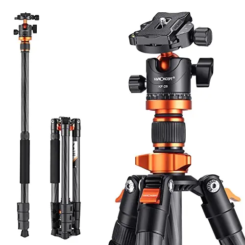 K&F CONCEPT Trípode Cámara Carbono, 160cm Trípode de Viaje Ligero con Monopié Compacto con Rótula de Bola 360°y Placa de Liberación Compatible con Cámara DSLR