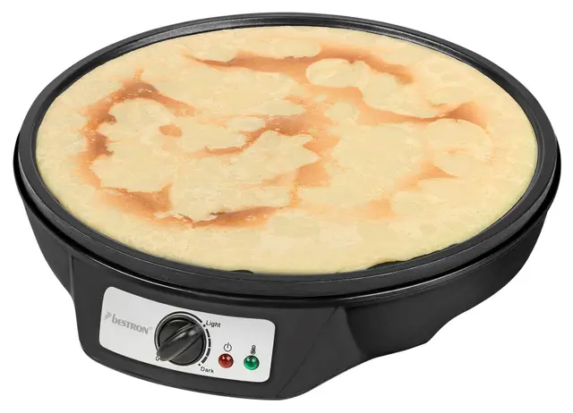 Bestron Crepera de diseño retro, Crepera electrica para crepes de Ø 30 cm, incl. esparcidor de masa y volteador de crepes, con revestimiento antiadherente, 1000 vatios, color: negro