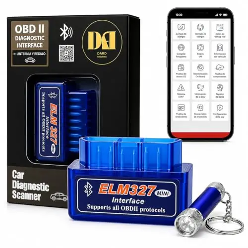 DARO® OBD2 Diagnosis – Lector OBD2 ELM327 Bluetooth con Linterna – Kit Máquina de Diagnosis Multimarca en Español Compatible con Android e iOS – Scanner OBD2 para Coche