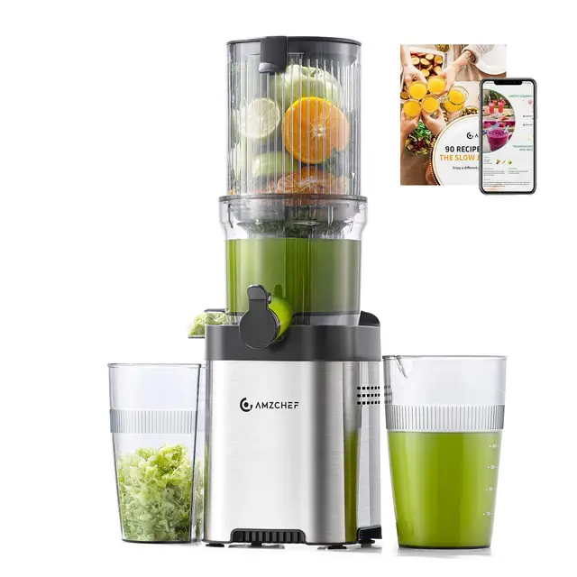 AMZCHEF Extractor de Zumos, Slow Juicer con Apertura de 120MM, Capacidad de 2 L, Licuadora Prensado en Frío para Frutas y Verduras Enteras, Cuerpo de Acero Inoxidable, Fácil Montaje y Limpieza, Plata