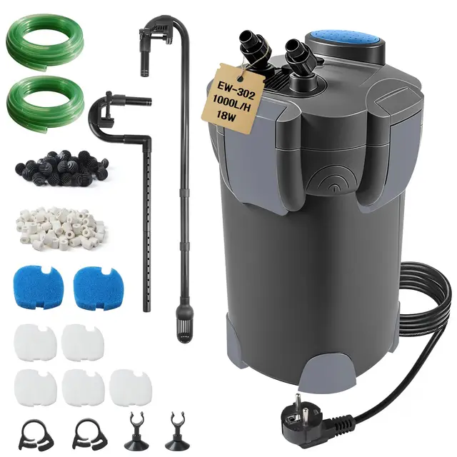 EXLECO Filtro Externo Acuario 1000L/H 18W Filtro Pecera Flujo Ajustable con Material Filtrante y Manguera Acuario Tubo, Bomba de Filtro Aquário Potente Profesional para Pecera de Menos de 300L Negro