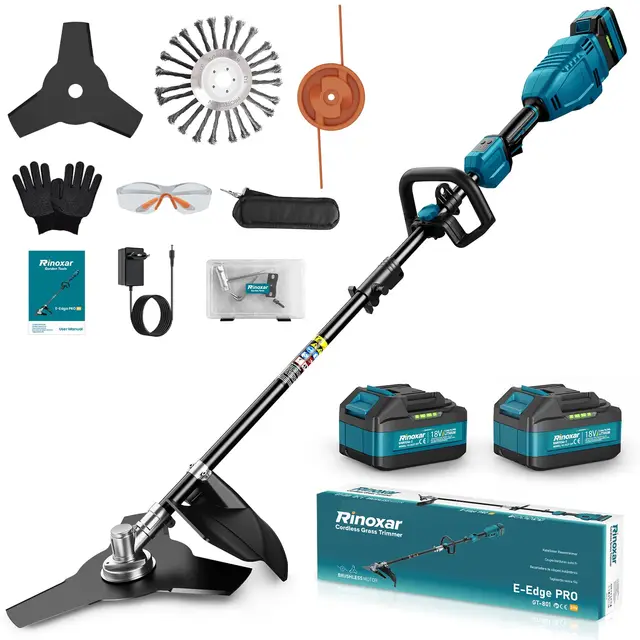 Desbrozadora a Batería Brushless, Cortabordes Electrica 26 cm con Motor Delantero, 2 x 5200mAh, 8000/12000 RPM, 3 Cuchillas, Barra Ajustable y Empuñadura en D, para Césped, Bordes y Jardín