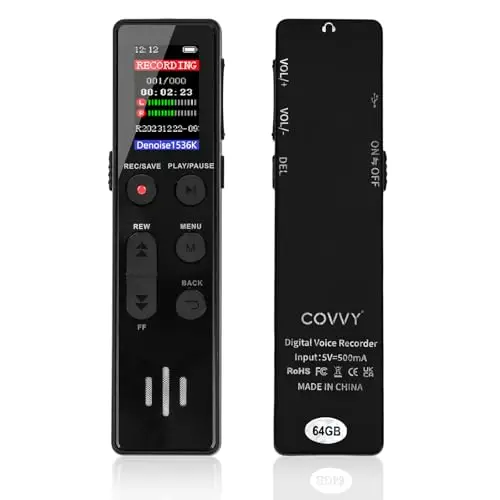 Grabadora de Voz COVVY de 64 GB - Activada por Voz, Portátil Con Reproducción - Mini Dispositivo de Grabación para Entrevista/Clase/Reunión
