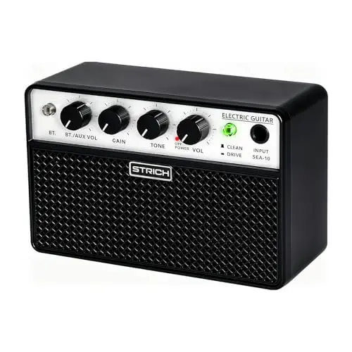 STRICH Amplificador de Guitarra Eléctrica de 2 x 5 W - Amp de práctica para Guitarra portátil y Recargable con Canales limpios y distortión, Salida de Auriculares de 1/8 para Principiantes, Negro