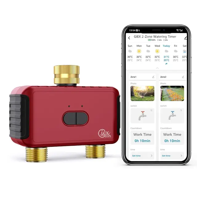 GIEX Temporizador de riego WiFi de 2 Zonas, Controlador Inteligente de riego para mangueras de jardín, Compatible con Las Aplicaciones Tuya y Smart Life