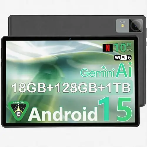 Tableta Android de 10 pulgadas, Android 15, 18 GB de RAM + 128 GB de almacenamiento (hasta 1 TB ampliable), pantalla IPS de 1280 x 800, procesador Octa-Core, batería de 6000 mAh