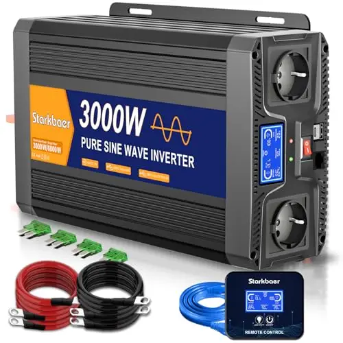 3000W/6000W inversor 12V 220V Onda Pura, Transformador 220v a 12v, convertidor para Coche, con Pantalla LCD, Mando, Enchufe CA y USB-C. Ideal para autocaravanas, Coches, Solar, Camping y apagones
