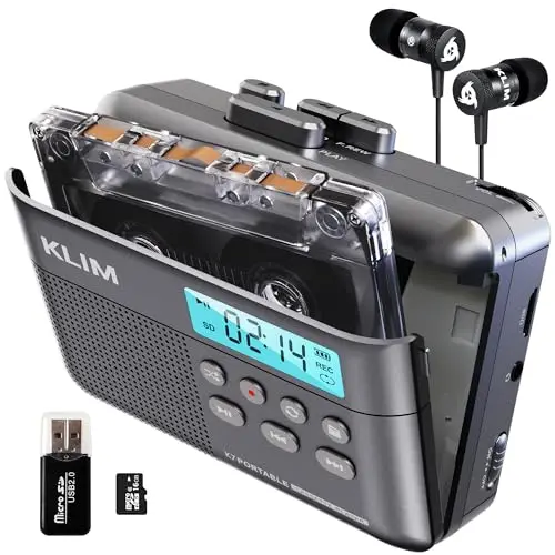 KLIM K7 Reproductor Cassette - Conversor de Cassette a MP3 - Player Portátil con Micrófono y Altavoz Integrados - Batería Recargable - Auriculares - Tarjeta SD 16 GB - Ceniza