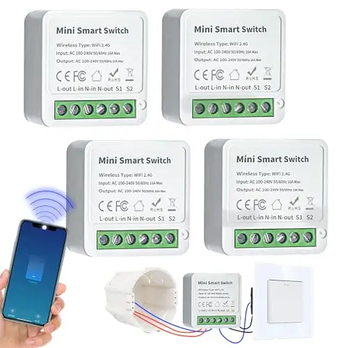 4 unidades de módulos de interruptor de luz inteligente de 2 vías, interruptor Smart Life compatible con aplicación Tuya, Alexa y Google Home, mini interruptor WiFi DIY, requiere cable neutro, se