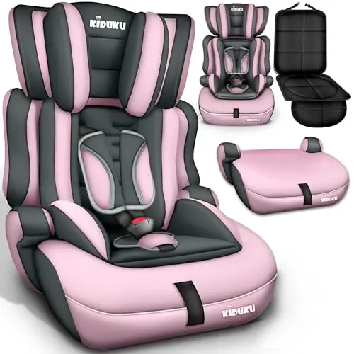 KIDUKU® Silla de coche, crece con el niño, 9 kg-36 kg (1-12 años), Grupo 1/2/3 (Gris/Rosa)