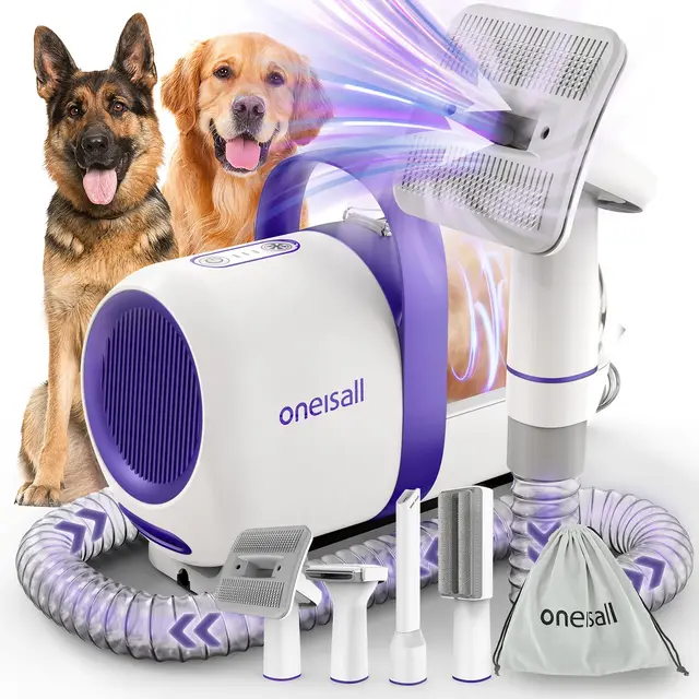 Oneisall Aspirador de pelos animal doméstico con cepillo, Súper poder de succión 12000pa, Aspiradora para perros con botón, 4 cepillos, 1.5L