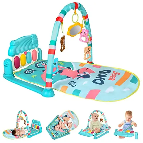 Aomig Gimnasio De Juegos para Bebe,Manta de Juego para Bebé con Piano con 3Sonidos y 5Accesorios,Motivo de Animales,Tapete De Juegos para Bebés de 0-24 Meses Que,Alfombra Piano Gimnasio para Bebés