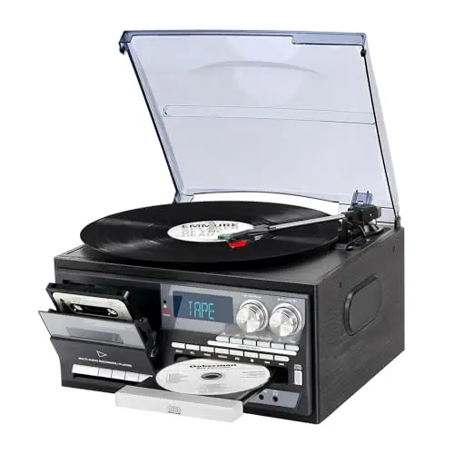 Tocadiscos Vintage 9 en 1 con Bluetooth, 3 Velocidades, Reproductor de CD y Cassette, Radio Am/FM, Codificación USB/SD, Entrada AUX y Salida RCA