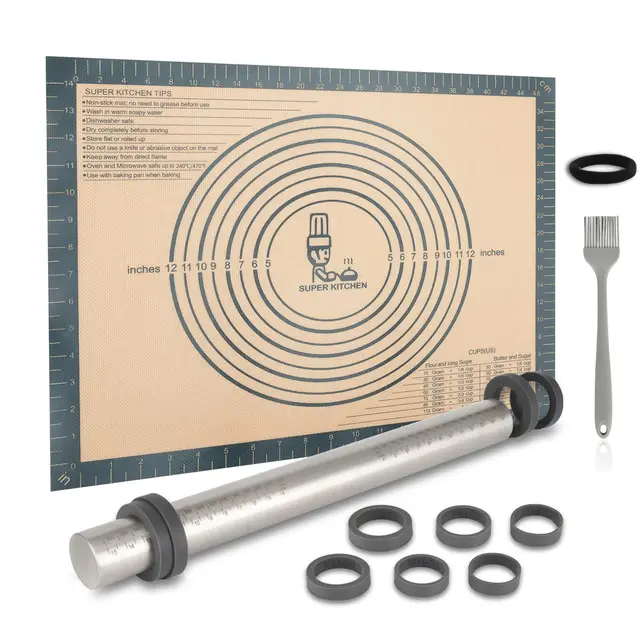 SUPER KITCHEN Tapete de Silicona para Pastelería y Rodillo de Amasar de Acero Inoxidable con 5 Discos Ajustables Anillo, Resistentes al Calor Tapetes para Amasar y Hornear (50 x 40 cm, Gris)