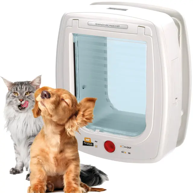 Ferplast Gatera con Microchip, Puerta para Gatos y Perros, Collar Incluido, Entrada y Salida controlables 4 vías, Protección contra Corrientes de Aire, Swing Microchip Tamaño Mediano, Blanco