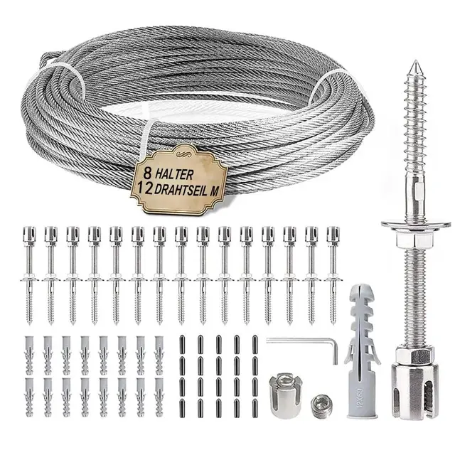 Soporte De Acero Inoxidable para Plantas Trepadoras,Enrejado De Alambre De Jardín para Plantas Trepadoras, 12M, 8 Soportes, con 3MM De Diámetro, Kit De Sistema De Cable Metálico, para Jardín