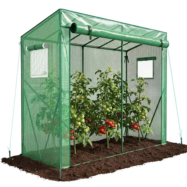 VOUNOT® Invernadero para Tomates 200x77x170 cm, Túnel de Cultivo con Techo Inclinado, Gran Puerta y 2 Ventanas, Cubierta PE Reforzada 135g/m², para Plantas Verduras Flores, Verde