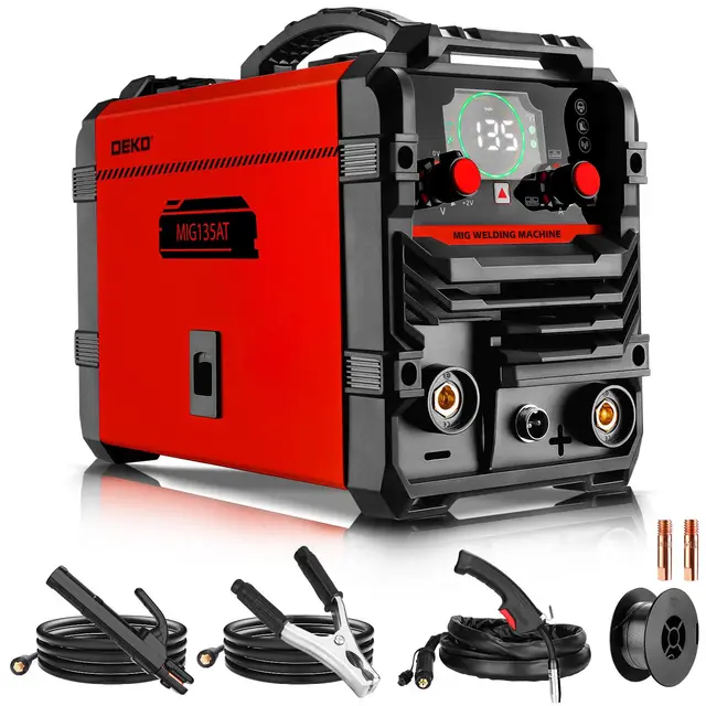 Soldador MIG 135A: DEKO 220V soldador por arco con inversor IGBT tres en uno con alambre con núcleo de flux, kit portátil, adecuado para usuarios domésticos y aficionados al bricolaje