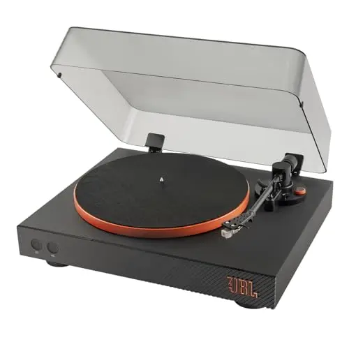 JBL Spinner BT, Tocadiscos Bluetooth con AptX-HD, cabezal extraíble, plato de aluminio y transmisión por correa, cartucho magnético móvil preinstalado, en negro y naranja