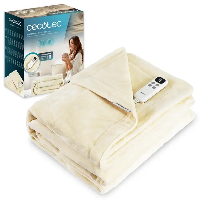 Cecotec Manta Eléctrica 160x130cm HeatConfort Calma (160 x 130). 115W, 10 Niveles de Temperatura Ajustables, Controlador LCD Extraíble, Temporizador con Apagado Automático, PTC+ Tecnología NTC