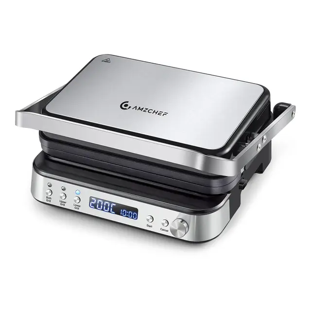 AMZCHEF Multifuncional 4 en 1 grill de contacto, plancha, gofrera y sandwichera con 4 placas antiadherentes extraíbles, tiempo y temperatura individuales, pantalla LED, grill saludable 2000W