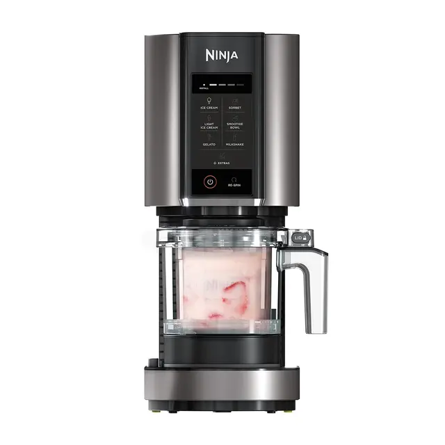 Ninja CREAMi Heladera Eléctrica Multifunción - 7 Programas para Helado, Gelato, Sorbete, Smoothie Bowls y Batidos - 2 Tarrinas con Capacidad Total de 1,4 l - Negro y Plata, NC302EU