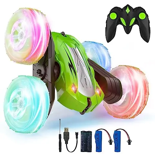 Rodzon Coche Teledirigido,Coche AcrobáTico Camiones 360 Grados De RotacióN,Juguete Niño Regalo 6 7 8 9 12 Años Niña 2.4Ghz Niños Coche Teledirigido con Luces Incluye Batería Recargable (Verde)