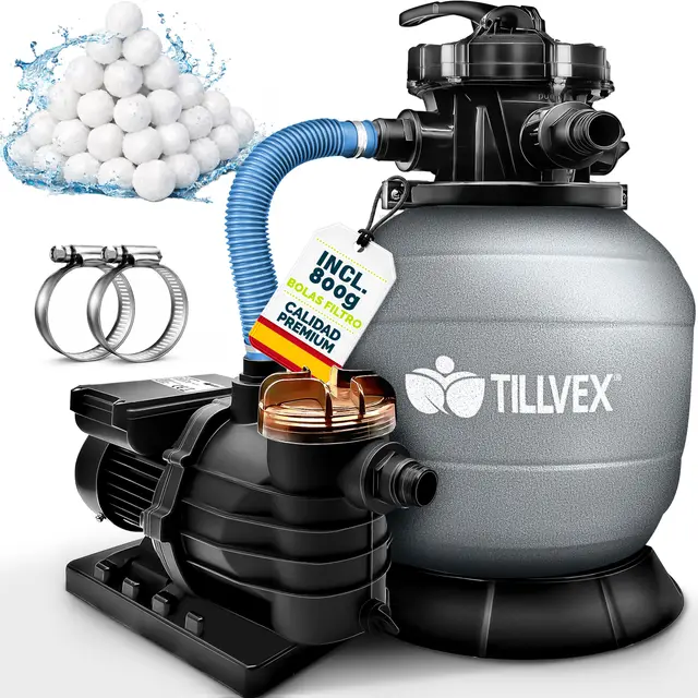 tillvex Depuradora de Agua para Piscina 10 m³/h + 800g Bolas de Filtro - 7 Funciones de Filtrado - Bomba de Filtro de Arena con Válvula (Gris)