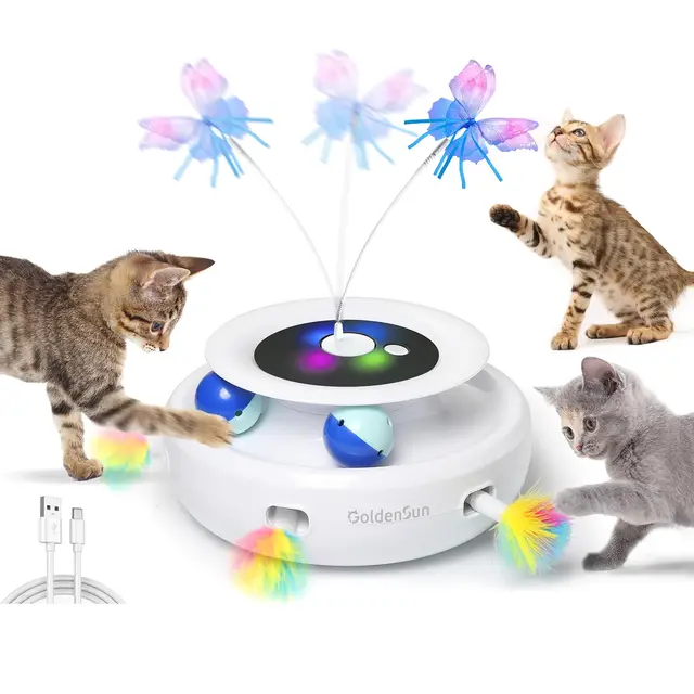GoldenSun Juguetes para Gatos Recargable, Juguete Automático para Gatos 3 en 1, Pluma Móvil de Emboscada, Mariposa Aleteadora, Bolas de Rastreo, Golpea al Topo, Incluye 4 Accesorios