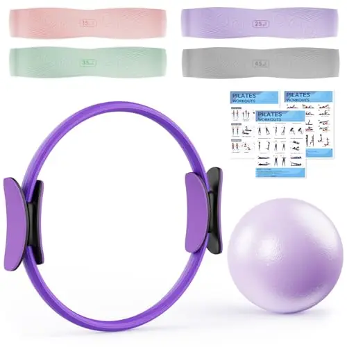Set de Aro Pilates con Aro Pilates, 4 Bandas de Resistencia (15, 25, 35, 45 LB), Balón Mini Antiestallido, Pilates Essential Kit para Gimnasio en Casa, Fuerza, Flexibilidad, Estabilidad