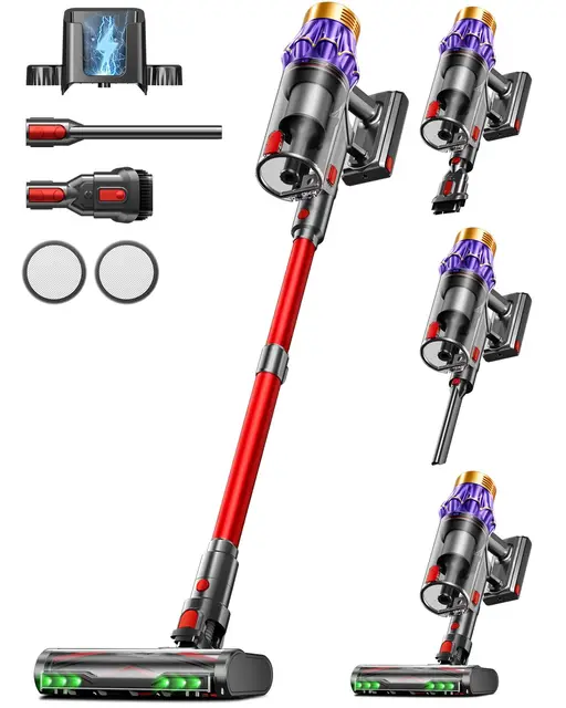 Aspiradora sin Cable 55Kpa/650W/70Mins, Escoba Aspiradora de 1.8L, Sistema de Filtración de 8 Etapas,Autoportante, Adecuada para Pelo de Mascotas, Luz Verde Alfombras y Suelos de Madera