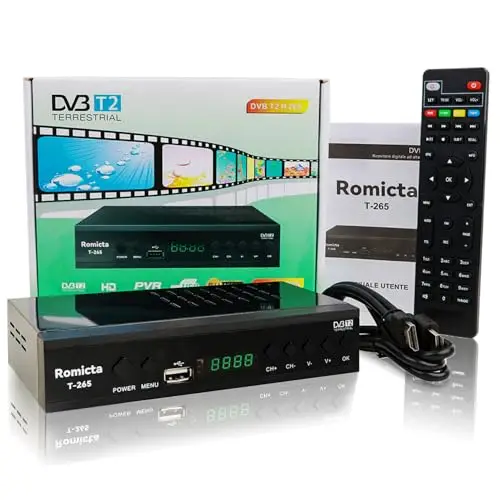 Romicta Decodificador TDT HD, DVB-T2/C H.265 HEVC FTA Full HD PVR, USB, HDMI, SCART, sintonizador de TV Digital terrestre, TDT para TV Antigua de Alta definición, Mando a Distancia Universal 2 en 1
