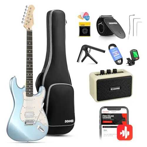 Donner Guitarra Electrica, DST-152R Kit Guitarra Electrica de Tamaño Completo HSS Pickup Coil Split, Guitarras Electricas Set Adultos con Amplificador, Bolsa, Accesorios