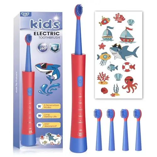 JTF Cepillo de Dientes Eléctrico Sónico para Niños 3+ Años - 5 Modos de Limpieza Sónica, 4 Cabezales, Temporizador 2 Min, IPX7 Impermeable + DIY Pegatinas Regalo para Niños