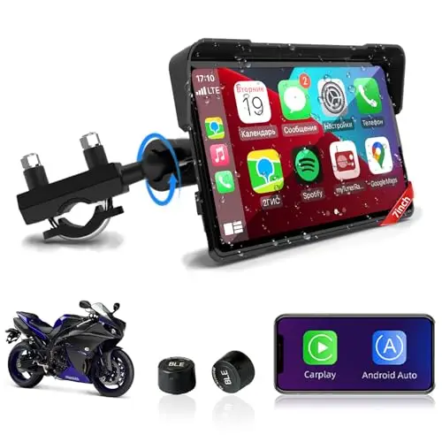 Jansite Carplay Moto Android Auto con TPMS, 7" GPS Moto Navegador Pantalla Táctil Resistente al Agua IP67 Bluetooth Siri y Asistente de Google