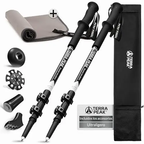 Terra Peak® Bastones de Senderismo telescópicos de Carbono o Aluminio (Plegables, ultraligeros, Extensibles) - Palos Trekking y Nordic Walking para Hombre y Mujer con Toalla Gratis