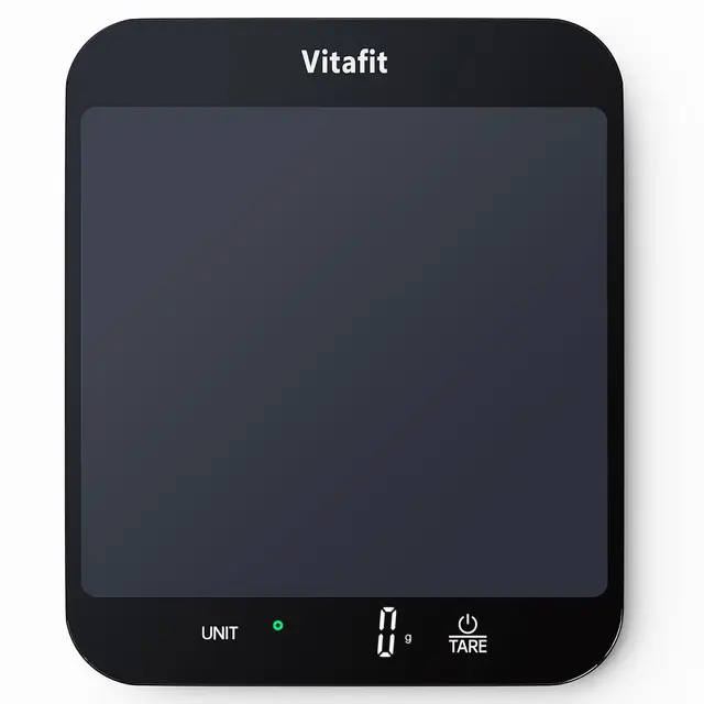 Vitafit 15kg Bascula Cocina, Precisión 1g por Nuestra Fábrica Básculas Profesional Desde 2001, Aprobada LFGB Balanza Cocina digital para Cocinar y Hornear, Plataforma 215x180mm, 3 Pilas AAA, Negro