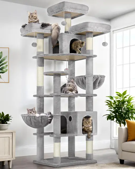 Globlazer Rascador para Gatos XXL 209 cm con 3 Perchas Acolchadas, 2 Nidos, 2 Cesta, Grande Plataformas, Juguetes de Peluche, Lujo Árbol Rascador para 3-5 Gatos Adultos Interior (F82, Gris Claro)