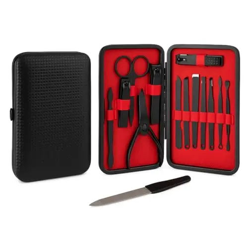 Set Premium de Manicura y Pedicura 16 Piezas - Kit Profesional con Estuche Elegante Rojo - Cortaúñas de Acero Inoxidable - Herramientas para Cuidado Diario de Manos y Rostro