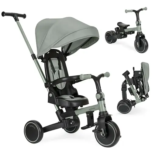 KikkaBoo Triciclo Evolutivo ALUMA 8 en 1, Triciclo Bebé Plegable con Manillar Padres, Asiento Reversible, Capota Ajustable, Arnés 5 Puntos, Marco Aluminio, Verde